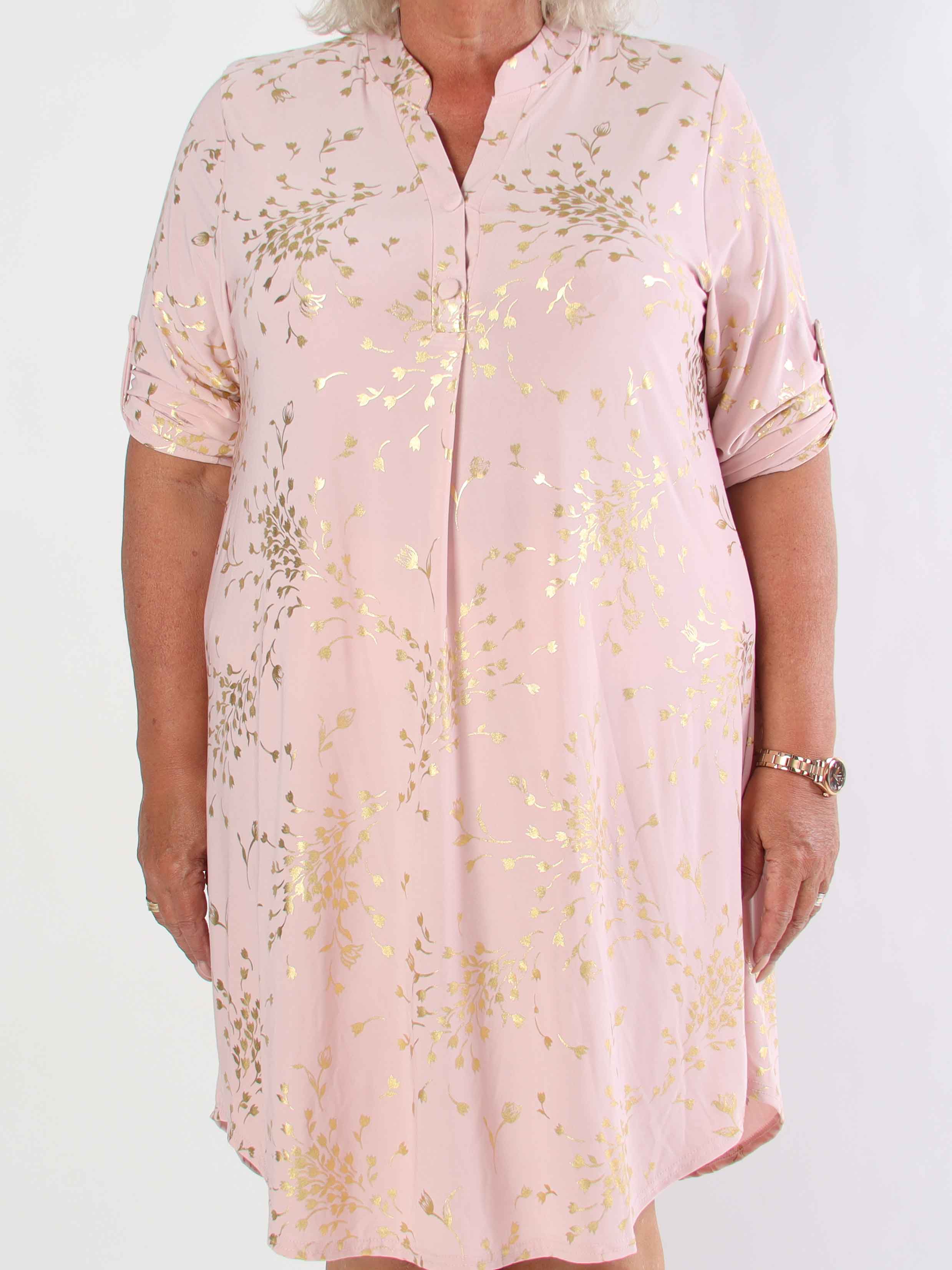 Ebba Gold Leaf Long - Elastisk ensfarvet plus size kjole med guld blomsterprint